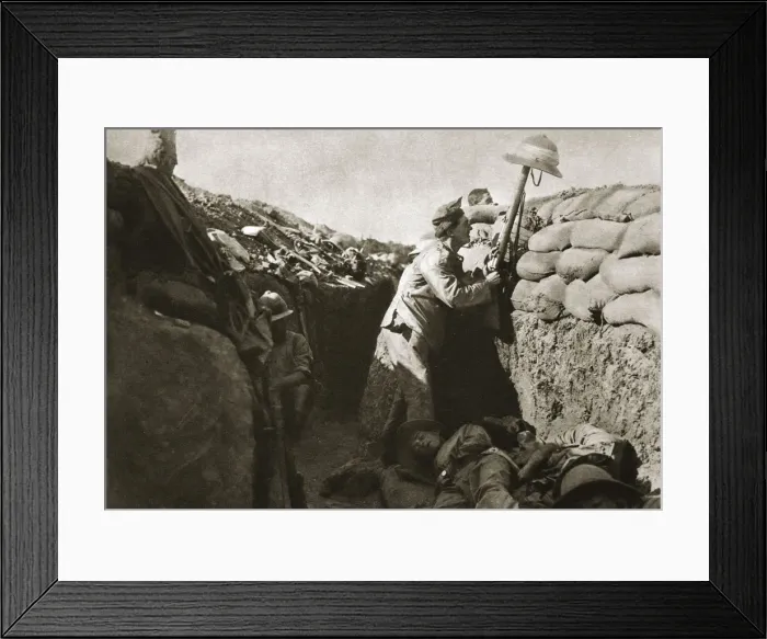 Framed Print : A Royal Irish Fusilier teases a Turkish sniper, Gallipoli, Turkey, World War I, c1915-c1916 Framed Print : A Royal Irish Fusilier teases a Turkish sniper, Gallipoli, Turkey, World War I, c1915-c1916