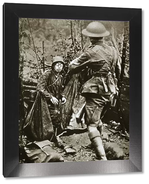 British mopping-up squad surprises a German straggler, World War I, Aisne, France, 1918