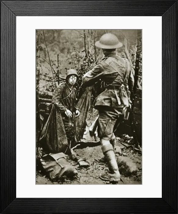 Framed Print : British mopping-up squad surprises a German straggler, World War I, Aisne, France, 1918 Framed Print : British mopping-up squad surprises a German straggler, World War I, Aisne, France, 1918