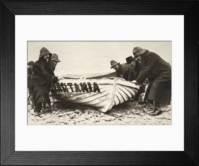 Framed Print : Hauling one of the Lusitanias lifeboats onto the beach, Ireland, 8 May 1915 Framed Print : Hauling one of the Lusitanias lifeboats onto the beach, Ireland, 8 May 1915