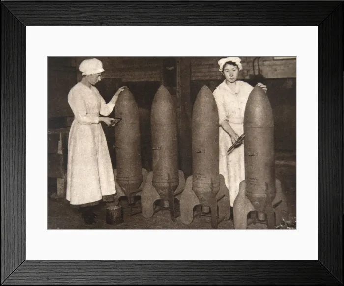 Framed Print : Women munitions workers putting a coat of paint on aerial bombs, World War I, c1914-c1918 Framed Print : Women munitions workers putting a coat of paint on aerial bombs, World War I, c1914-c1918