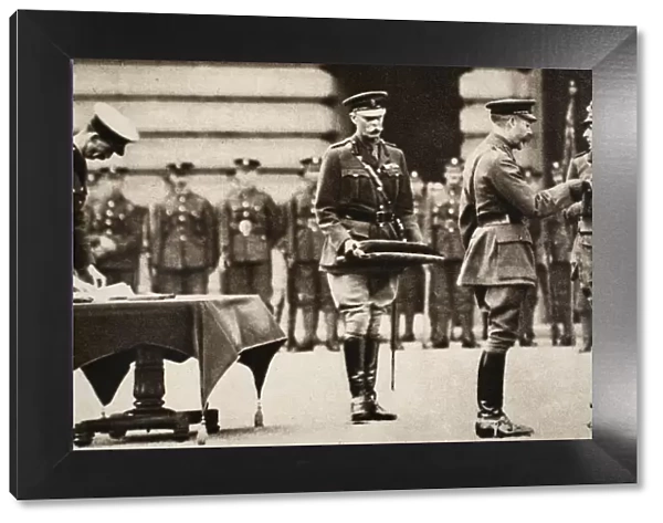 King George V awarding the Victoria Cross to Private Wilfred Edwards, 1917. Artist