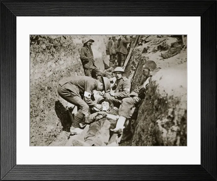Framed Print : Red Cross men in the trenches tend a wounded man, Somme campaign, France, World War I, 1916 Framed Print : Red Cross men in the trenches tend a wounded man, Somme campaign, France, World War I, 1916