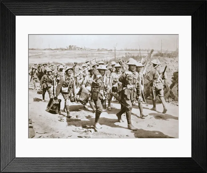 Framed Print : Australian machine-gunners returning from the trenches, France, World War I, 1916 Framed Print : Australian machine-gunners returning from the trenches, France, World War I, 1916