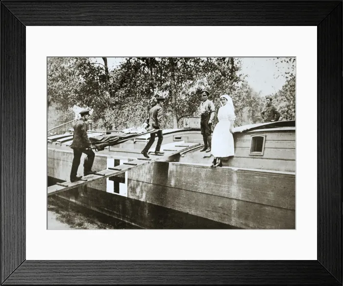 Framed Print : Patients being taken on board a hospital barge, Somme campaign, France, World War I, 1916 Framed Print : Patients being taken on board a hospital barge, Somme campaign, France, World War I, 1916
