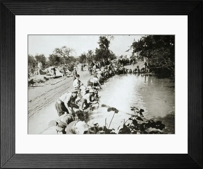 Framed Print : Transport men cleaning their harness at a pond after wet weather, France, World War I, 1916 Framed Print : Transport men cleaning their harness at a pond after wet weather, France, World War I, 1916