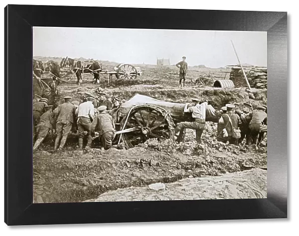 Manoeuvring a big gun in the mud, Somme campaign, France, World War I, 1916. Artist