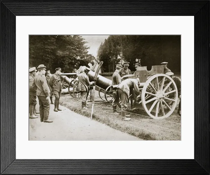 Framed Print : German prisoners cleaning captured guns and trench mortars, France, World War I, 1916 Framed Print : German prisoners cleaning captured guns and trench mortars, France, World War I, 1916