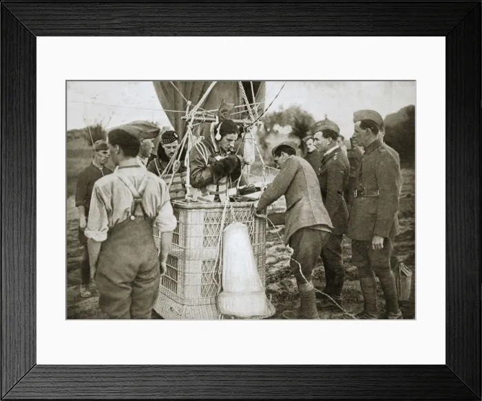 Framed Print : Observer of a kite-balloon testing the telephone before ascending, France, World War I, 1916 Framed Print : Observer of a kite-balloon testing the telephone before ascending, France, World War I, 1916