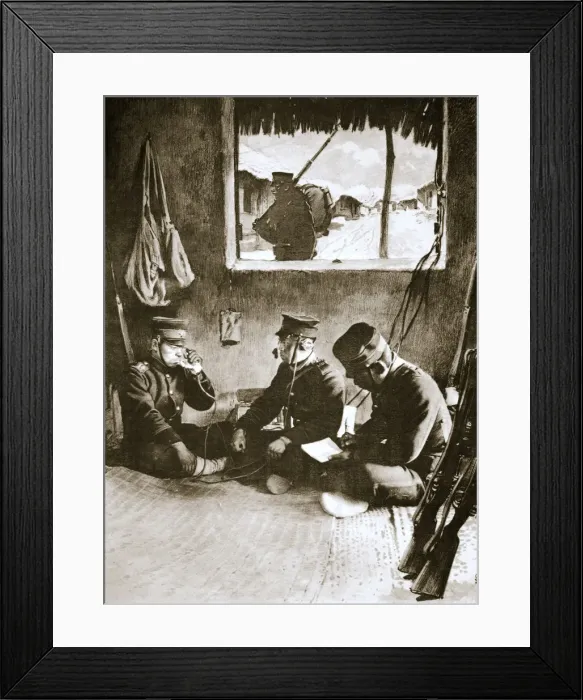 Framed Print : Japanese soldier making a telephone call, Russo-Japanese War, c1904-c1905. Artist Framed Print : Japanese soldier making a telephone call, Russo-Japanese War, c1904-c1905. Artist