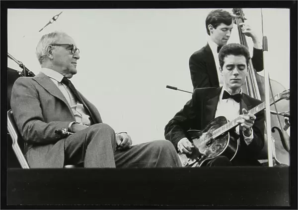 Benny Goodman watching Phil Flanigan and Chris Flory, Knebworth, Hertfordshire, 1982
