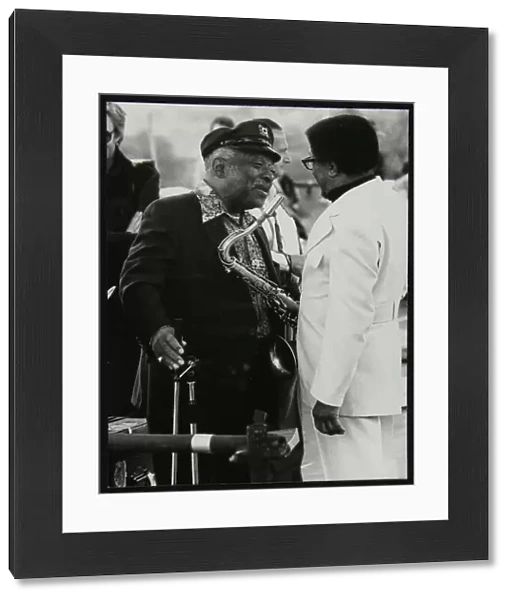 Count Basie chatting with Illinois Jacquet at the Capital Radio Jazz Festival, London, July 1979
