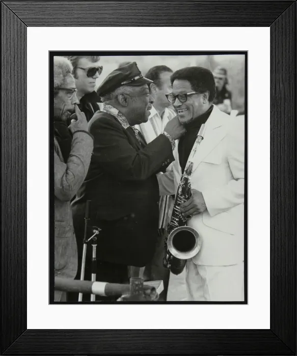Framed Print : Count Basie chatting with Illinois Jacquet at the Capital Radio Jazz Festival, London, July 1979 Framed Print : Count Basie chatting with Illinois Jacquet at the Capital Radio Jazz Festival, London, July 1979