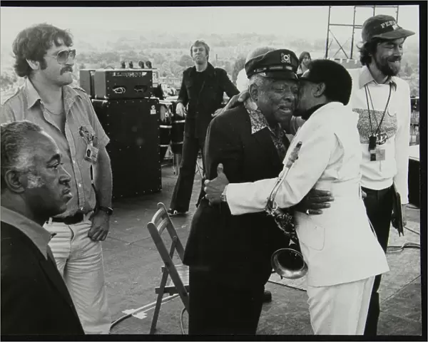 Count Basie and Illinois Jacquet meet up on stage at the Capital Radio Jazz Festival, London, 1979