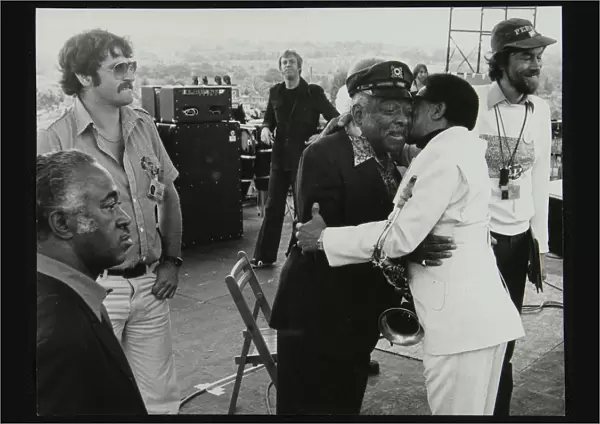 Count Basie and Illinois Jacquet meet up on stage at the Capital Radio Jazz Festival, London, 1979