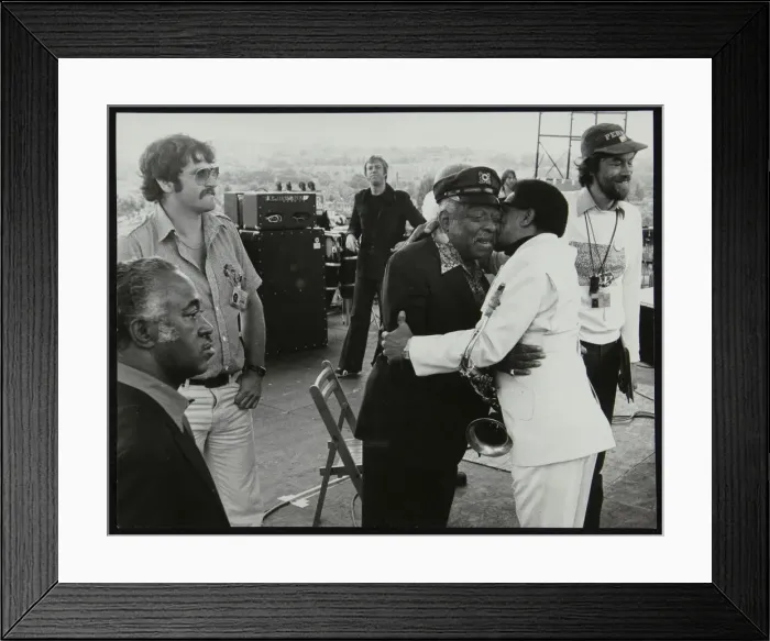 Framed Print : Count Basie and Illinois Jacquet meet up on stage at the Capital Radio Jazz Festival, London, 1979 Framed Print : Count Basie and Illinois Jacquet meet up on stage at the Capital Radio Jazz Festival, London, 1979