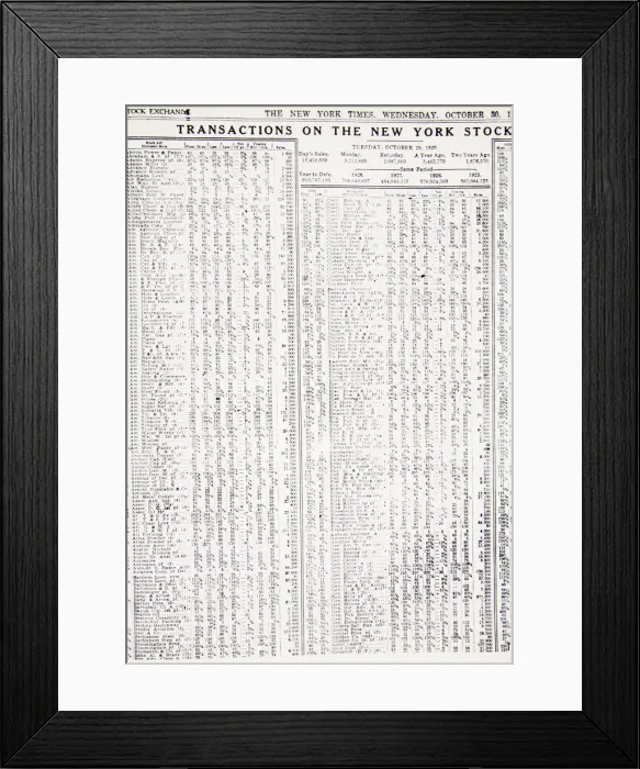 Framed Print : Stock-market listings as recorded in the New York Times, Wednesday, 30 October, 1929 Framed Print : Stock-market listings as recorded in the New York Times, Wednesday, 30 October, 1929