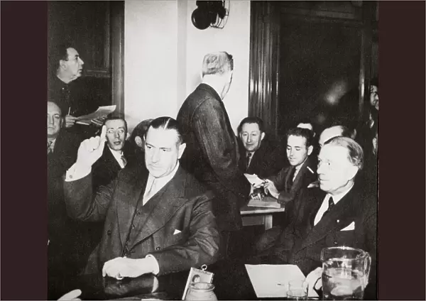Richard Whitney being sworn in at a public hearing regarding his misappropriation of funds, c1938