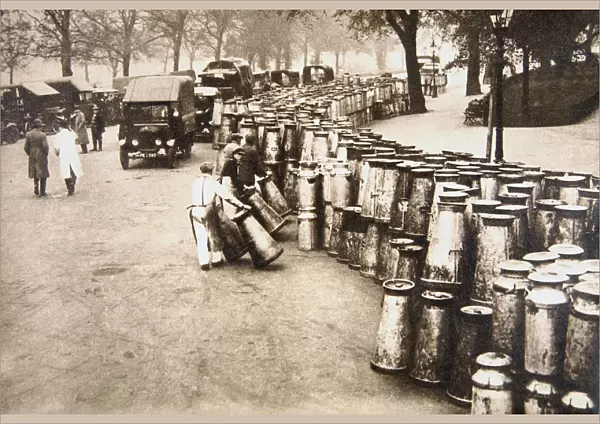 Milk churns being delivered to Hyde Park, London, during the General Strike, 8 May 1926