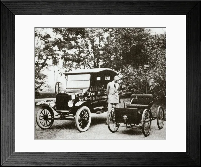 Framed Print : Henry Ford, American car manufacturer, with two of his cars, USA, 1924 Framed Print : Henry Ford, American car manufacturer, with two of his cars, USA, 1924