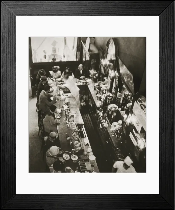 Framed Print : Office workers having lunch at the drug store counter, New York, USA, c1920s-c1930s Framed Print : Office workers having lunch at the drug store counter, New York, USA, c1920s-c1930s