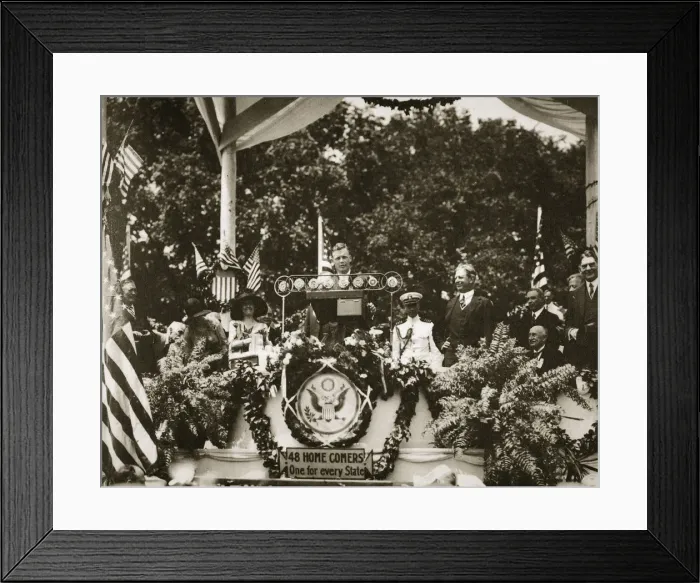 Framed Print : American aviator Charles Lindbergh addressing a crowd at the Washington Monument, USA, c1927 Framed Print : American aviator Charles Lindbergh addressing a crowd at the Washington Monument, USA, c1927