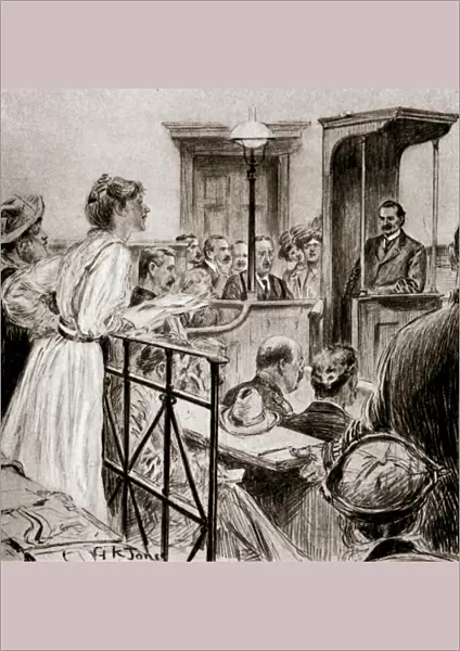 Christabel Pankhurst, British suffragette, questioning Herbert Gladstone in court, London 1909