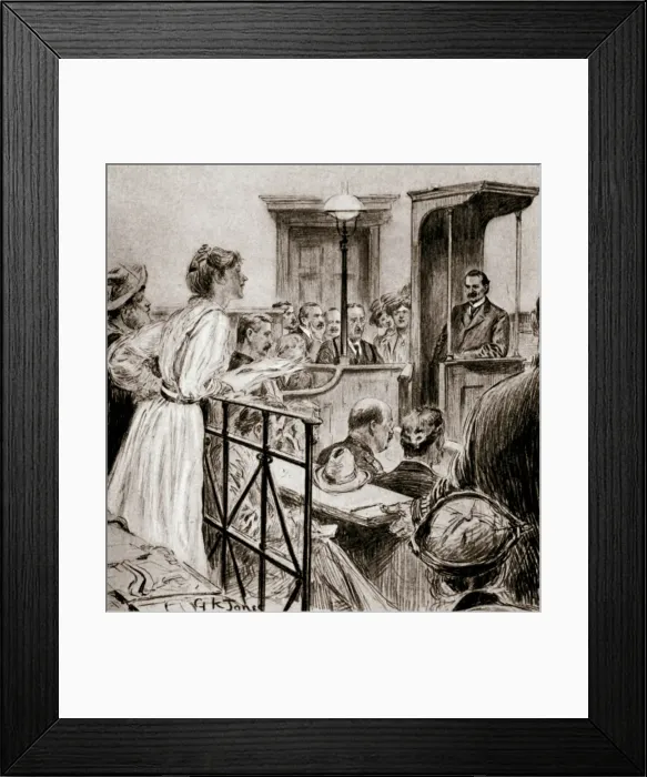 Framed Print : Christabel Pankhurst, British suffragette, questioning Herbert Gladstone in court, London 1909 Framed Print : Christabel Pankhurst, British suffragette, questioning Herbert Gladstone in court, London 1909