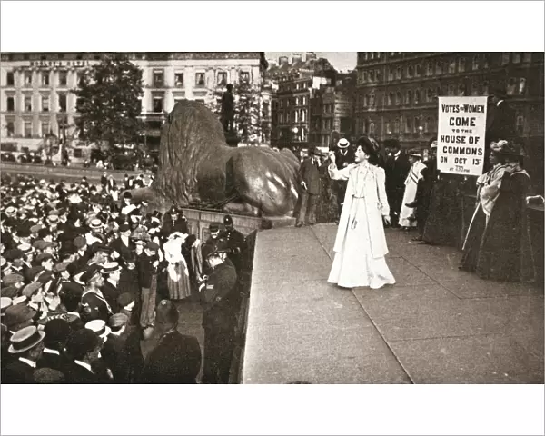 Christabel Pankhurst, British suffragette, addressing a crowd in Trafalgar Square, London, 1908