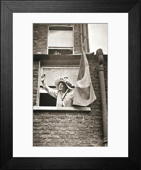 Framed Print : Christabel Pankhurst waving to the hunger strikers from a house overlooking Holloway Prison, 1909 Framed Print : Christabel Pankhurst waving to the hunger strikers from a house overlooking Holloway Prison, 1909