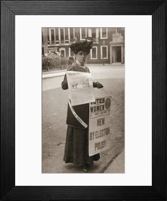 Framed Print : Miss Kelly, a suffragette, selling Votes for Women, July 1911 Framed Print : Miss Kelly, a suffragette, selling Votes for Women, July 1911