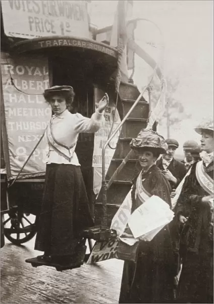 Barbara Ayrton, British suffragette, campaigning on the Votes for Women bus, October 1909