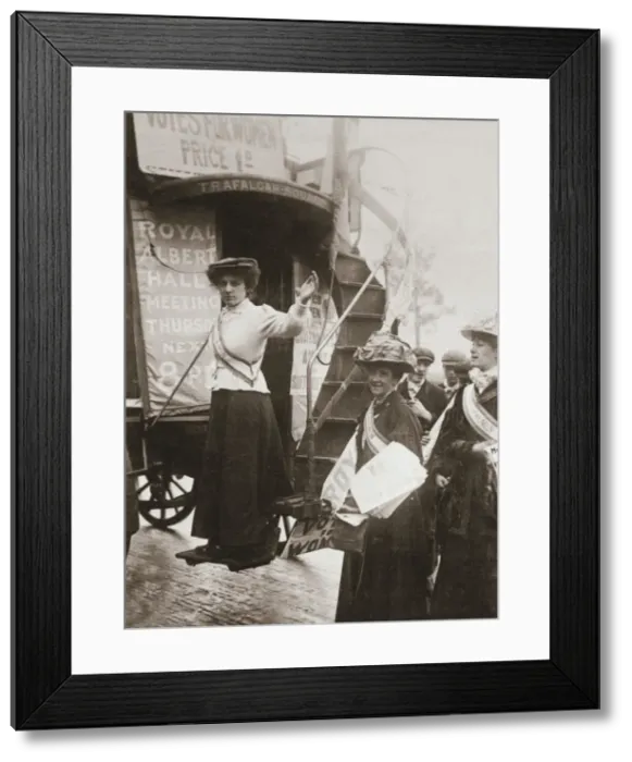 Framed Print : Barbara Ayrton, British suffragette, campaigning on the Votes for Women bus, October 1909 Framed Print : Barbara Ayrton, British suffragette, campaigning on the Votes for Women bus, October 1909