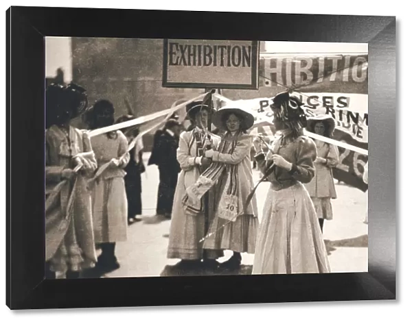 Young suffragettes promote the fortnight-long Womens Exhibition, London, 13 May 1909
