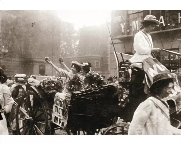 Two suffragettes celebrating their release from Holloway Prison, London, on 22 August 1908