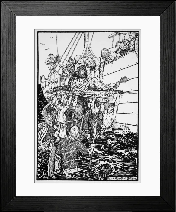 Framed Print : The dying King Haakon carried to his ship, 961 (1913). Artist: Morris Meredith Williams Framed Print : The dying King Haakon carried to his ship, 961 (1913). Artist: Morris Meredith Williams