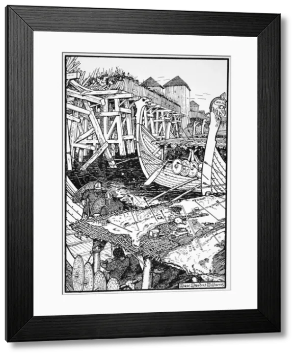 Framed Print : The Battle of London Bridge, 1014 (1913). Artist: Morris Meredith Williams Framed Print : The Battle of London Bridge, 1014 (1913). Artist: Morris Meredith Williams