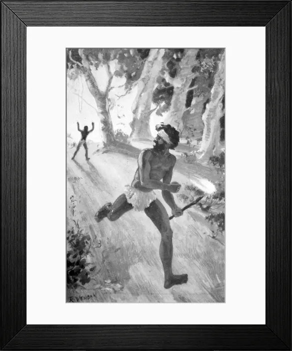 Framed Print : Tatkanna seized a fire-stick and made off, 1923. Artist: Raymond Wenban Framed Print : Tatkanna seized a fire-stick and made off, 1923. Artist: Raymond Wenban
