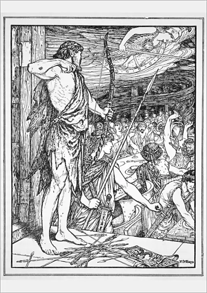 Ulysses Shoots the First Arrow at the Wooers, 1926. Artist: Henry Justice Ford