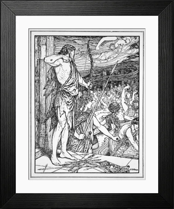 Framed Print : Ulysses Shoots the First Arrow at the Wooers, 1926. Artist: Henry Justice Ford Framed Print : Ulysses Shoots the First Arrow at the Wooers, 1926. Artist: Henry Justice Ford