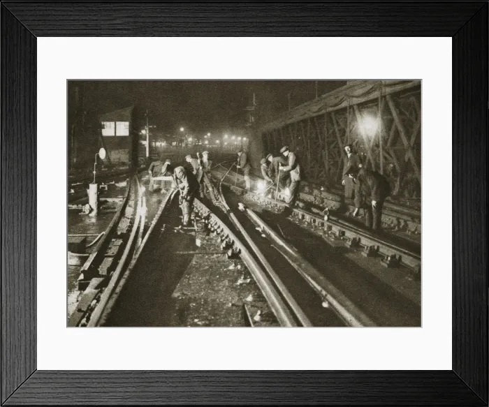 Framed Print : Repairing a railway track, Charing Cross Bridge, London, 20th century Framed Print : Repairing a railway track, Charing Cross Bridge, London, 20th century