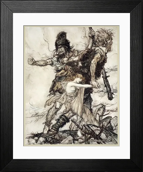 Framed Print : Fasolt suddenly seizes Freia and drags her to one side with Fafner, 1910. Artist Framed Print : Fasolt suddenly seizes Freia and drags her to one side with Fafner, 1910. Artist