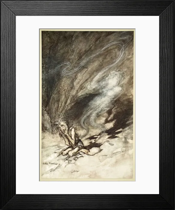 Framed Print : Mime writhes under the lashes he receives, 1910. Artist: Arthur Rackham Framed Print : Mime writhes under the lashes he receives, 1910. Artist: Arthur Rackham