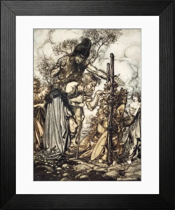 Framed Print : Fafner: Hey! Come hither, And stop me this cranny!, 1910. Artist: Arthur Rackham Framed Print : Fafner: Hey! Come hither, And stop me this cranny!, 1910. Artist: Arthur Rackham