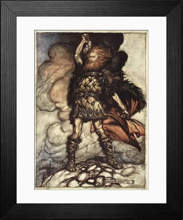 Framed Print : One of the Gods, Donner, summons the mist away, 1910. Artist: Arthur Rackham Framed Print : One of the Gods, Donner, summons the mist away, 1910. Artist: Arthur Rackham