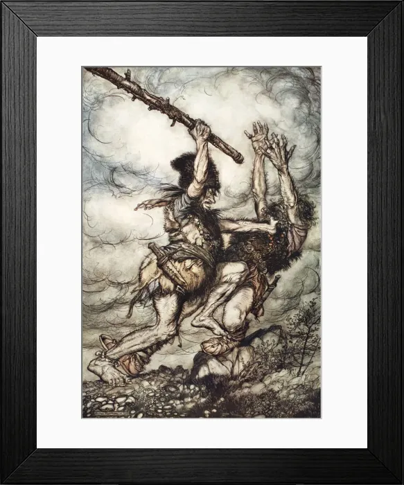 Framed Print : Fafner kills Fasolt, 1910. Artist: Arthur Rackham Framed Print : Fafner kills Fasolt, 1910. Artist: Arthur Rackham