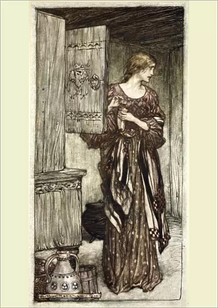 Sieglinde prepares Hundings draught for the night, 1910. Artist: Arthur Rackham