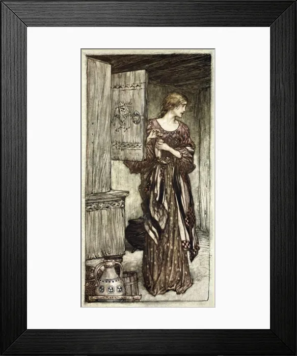 Framed Print : Sieglinde prepares Hundings draught for the night, 1910. Artist: Arthur Rackham Framed Print : Sieglinde prepares Hundings draught for the night, 1910. Artist: Arthur Rackham