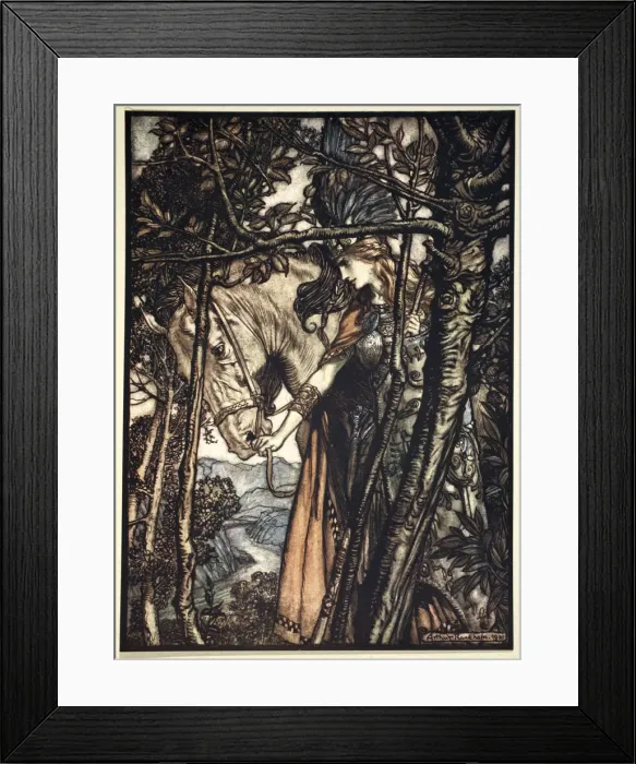 Framed Print : Brunnhilde slowly and silently leads her horse down the path to the cave, 1910 Framed Print : Brunnhilde slowly and silently leads her horse down the path to the cave, 1910