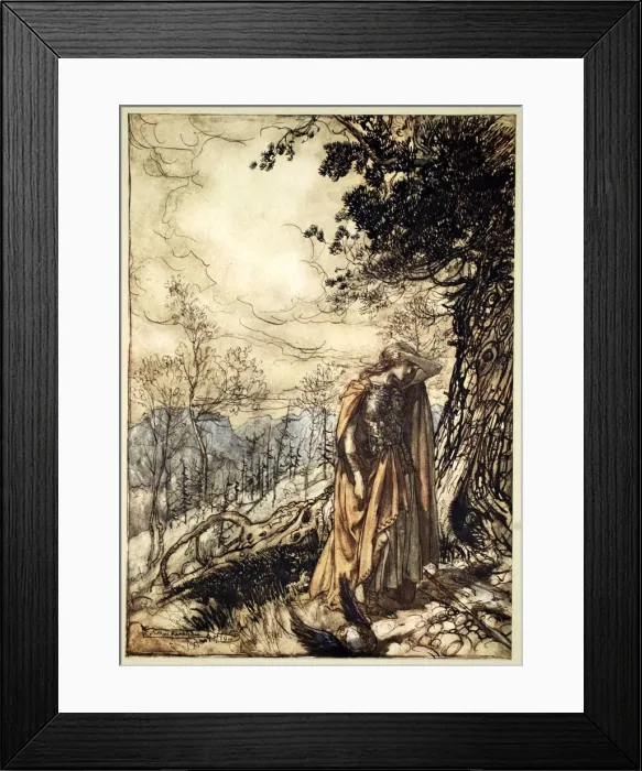 Framed Print : Brunnhilde stands for a long time, dazed and alarmed, 1910. Artist: Arthur Rackham Framed Print : Brunnhilde stands for a long time, dazed and alarmed, 1910. Artist: Arthur Rackham